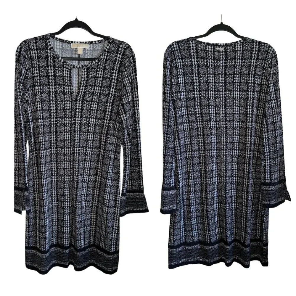 Black White Houndstooth Jacquard Michael Kors Long Sleeve Knee Length Dress L - Picture 2 of 10